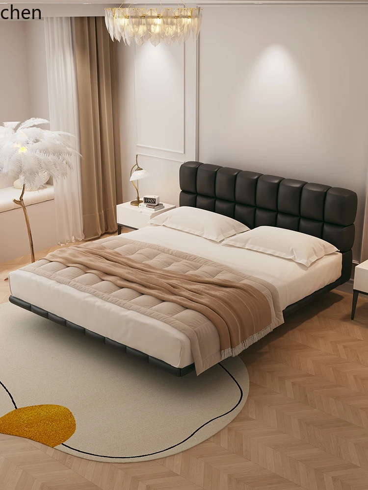 HXL Cream Style Floating Bed Tofu Block Top Layer Cowhide Black Genuine Leather Bed