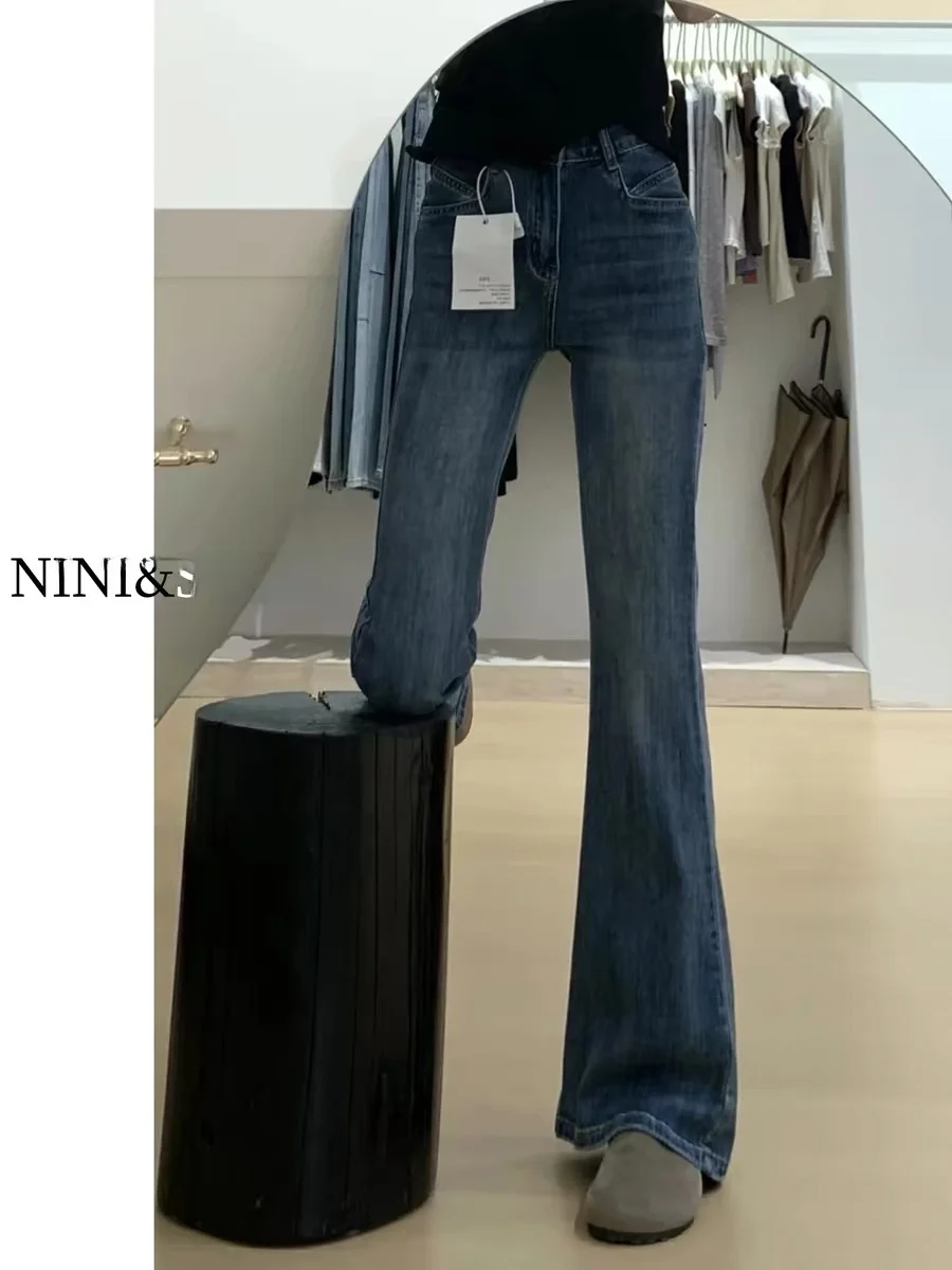 

High Waist Slim Fit Bell Bot Jeans Women's Retro Sle Casual Straight Leg Denim Pants Spring New Arrival Small Stature
