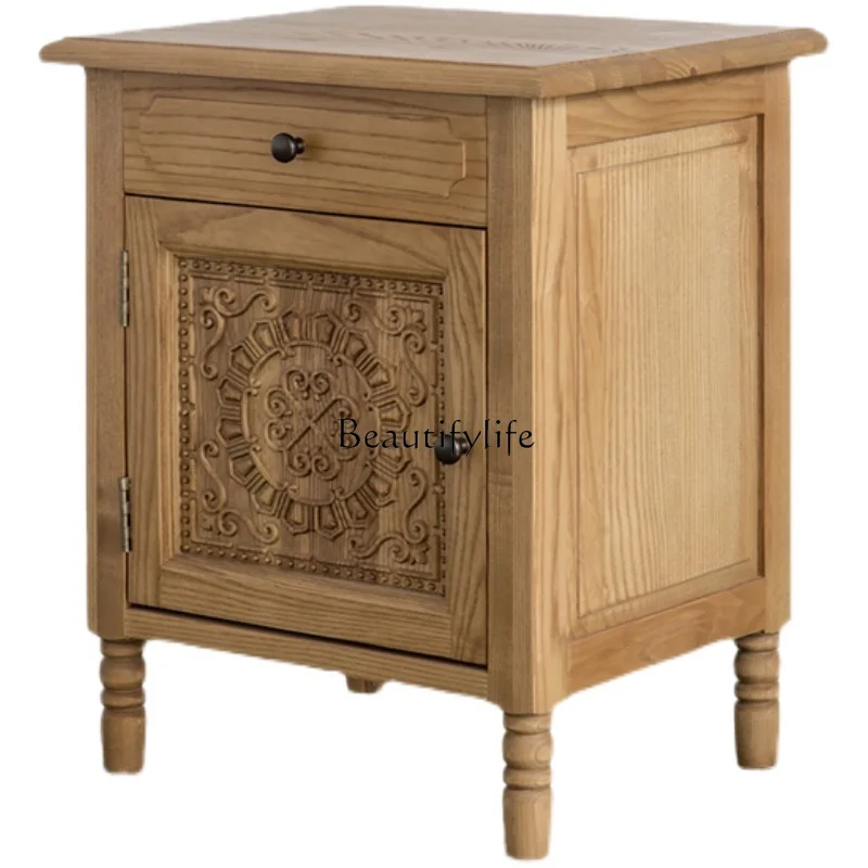 

Oak solid wood carving flower bedside table single door with drawer storage art complete storage cabinet