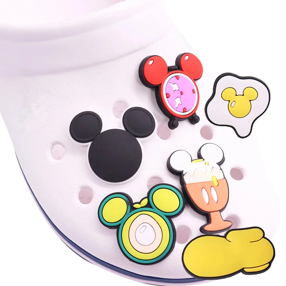 1-6Pcs Lovely Mickey Head Alarm Clock Shoe Buckle Charms Children Favorite PVC Accessories DIY Holiday Gift