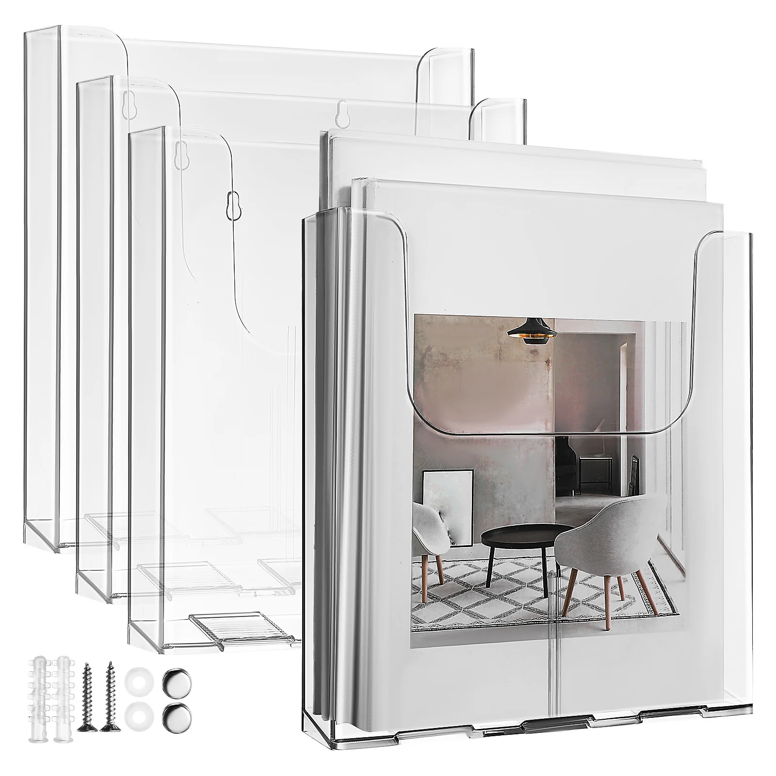 

4pcs A4 Acrylic Wall Mount Literature Display Rack Brochure Holder Clear Magazine File Certificate Organizer Storage