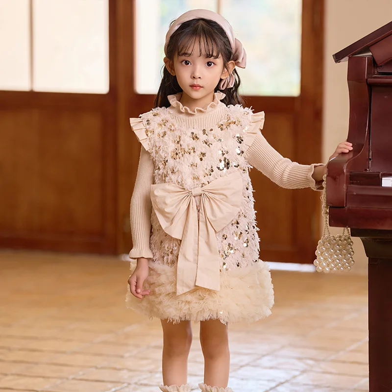 Autumn and Winter Girls\' New Sequin Feather Bow Tutu Dress Small Flying Sleeve Birthday Party Wedding Flower Girl Dress