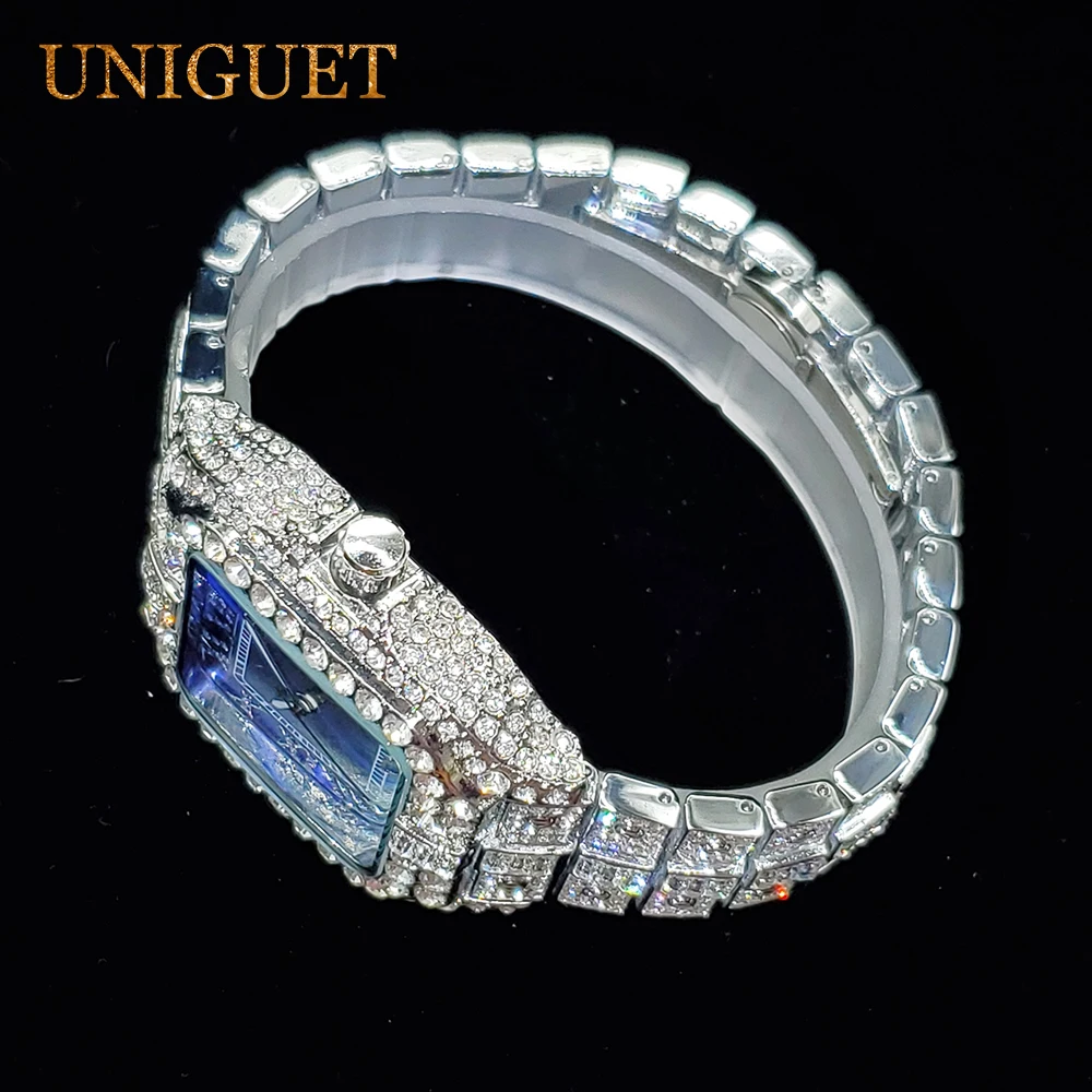 UNIGUET ساعات الماس للرجال الأزرق الوجه Luminou نقطة التقويم ساعة كوارتز رجالية فاخرة مثلج خارج ساعة الموضة دروبشيبينغ