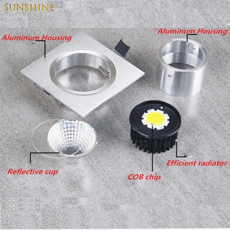 Embutido Dimmable LED Downlight, COB Spotlights, Epistar Chip, Iluminação doméstica, Decoração de interiores, 9W, 12W, 15W, 18W, 24W, 30W, AC 90-260V