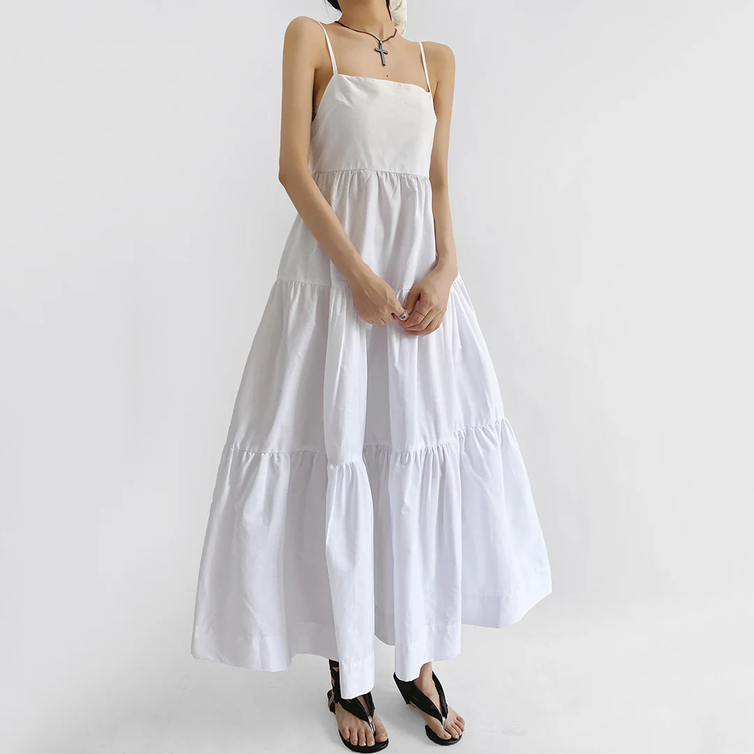 Vestido maxi feminino de algodão em camadas – alças cruzadas nas costas saia em camadas vestido de praia branco de verão
