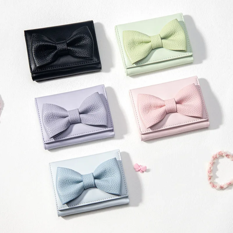 Korean version new solid color simple bow small three fold small mini student short wallet for women