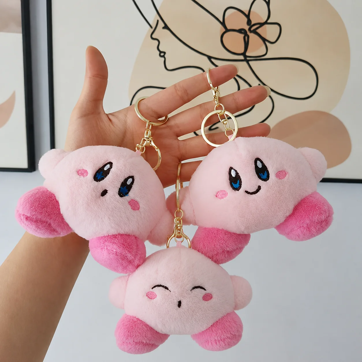 Cute Pink Star Kirby Plush Keychain Bag Charm Soft Cartoon Stuffed Doll Pendant Kawaii Keyring Gift for Backpack Handbag