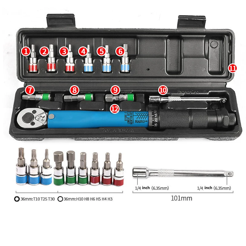 11PCS 1/4inch Drive Adjustable Torque Wrench Sleeve Tool Set Hand Tools Car Bicycle Motorbike  Repair Tool 3-33Nm Torque Spanner