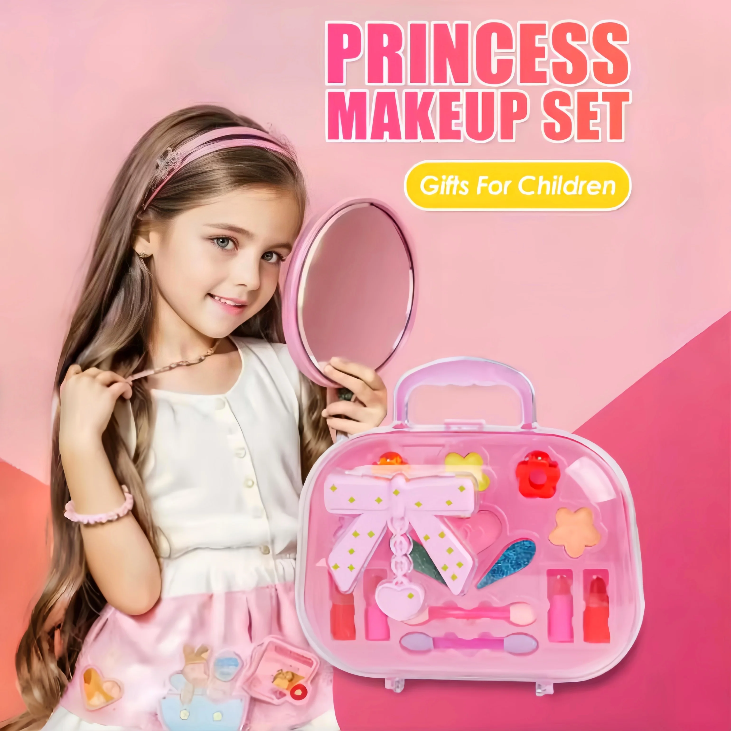 فتاة الأميرة بلاي هاوس لعبة ماكياج التجميل قابل للغسل عينيه مجموعة حقيبة مستحضرات تجميل غير سامة وآمنة هدية عيد ميلاد الفتاة لعبة هدية الهالوين