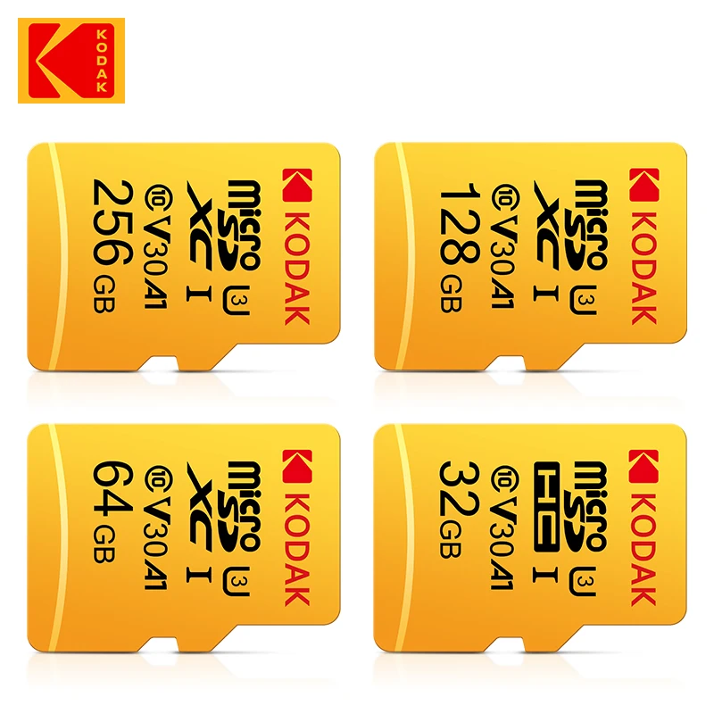 KODAK-Cartão de Memória Micro-SD, Cartão Flash TF, 256GB, 128GB, 64GB, 32GB, A1, V30, U3, 100 Mbps, Adaptador SD Grátis