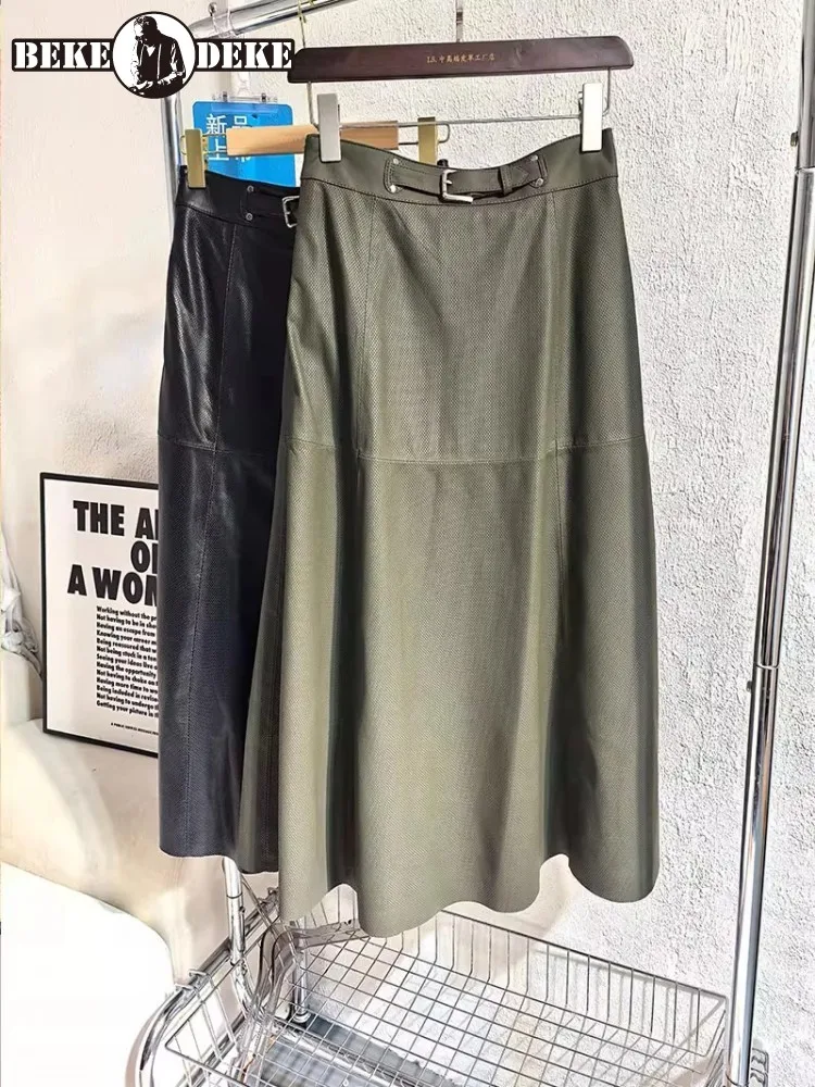 Elegant Women Autumn Hollow Out Sheepskin Genuine Leather Long Skirt Belted High Waist Ladies Vintage Soft Leather A Line Skirts