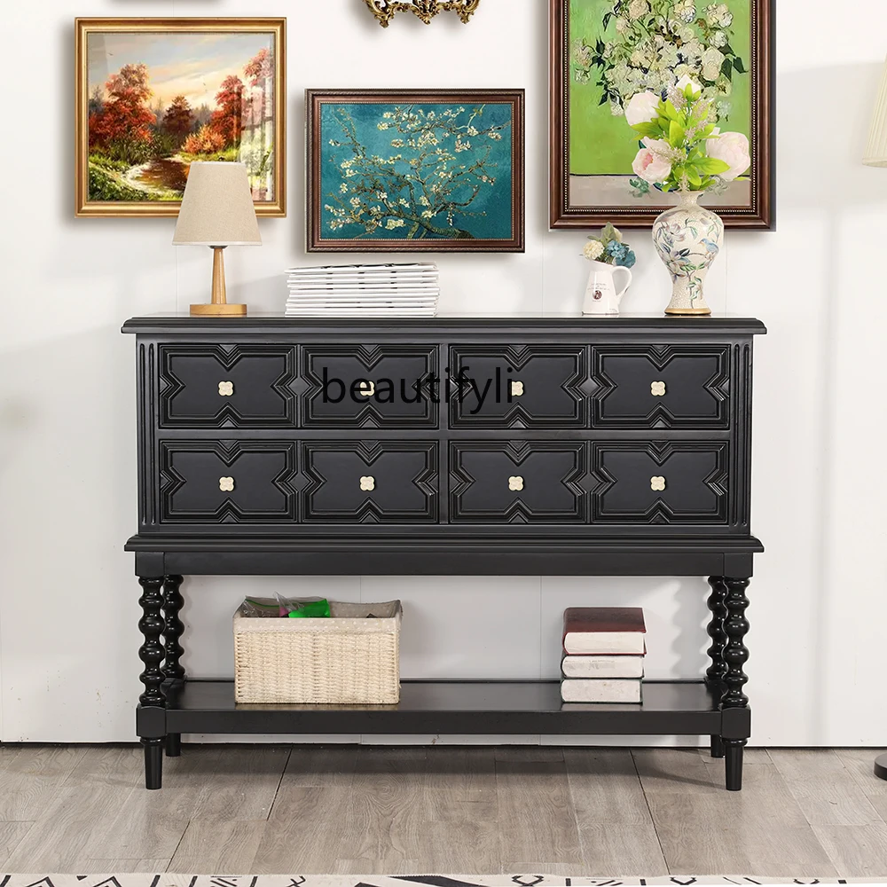 

Modern Retro Black Solid Wood Glass Entryway Cabinet Living Room Entryway Light Luxury Storage Hallway Cabinet