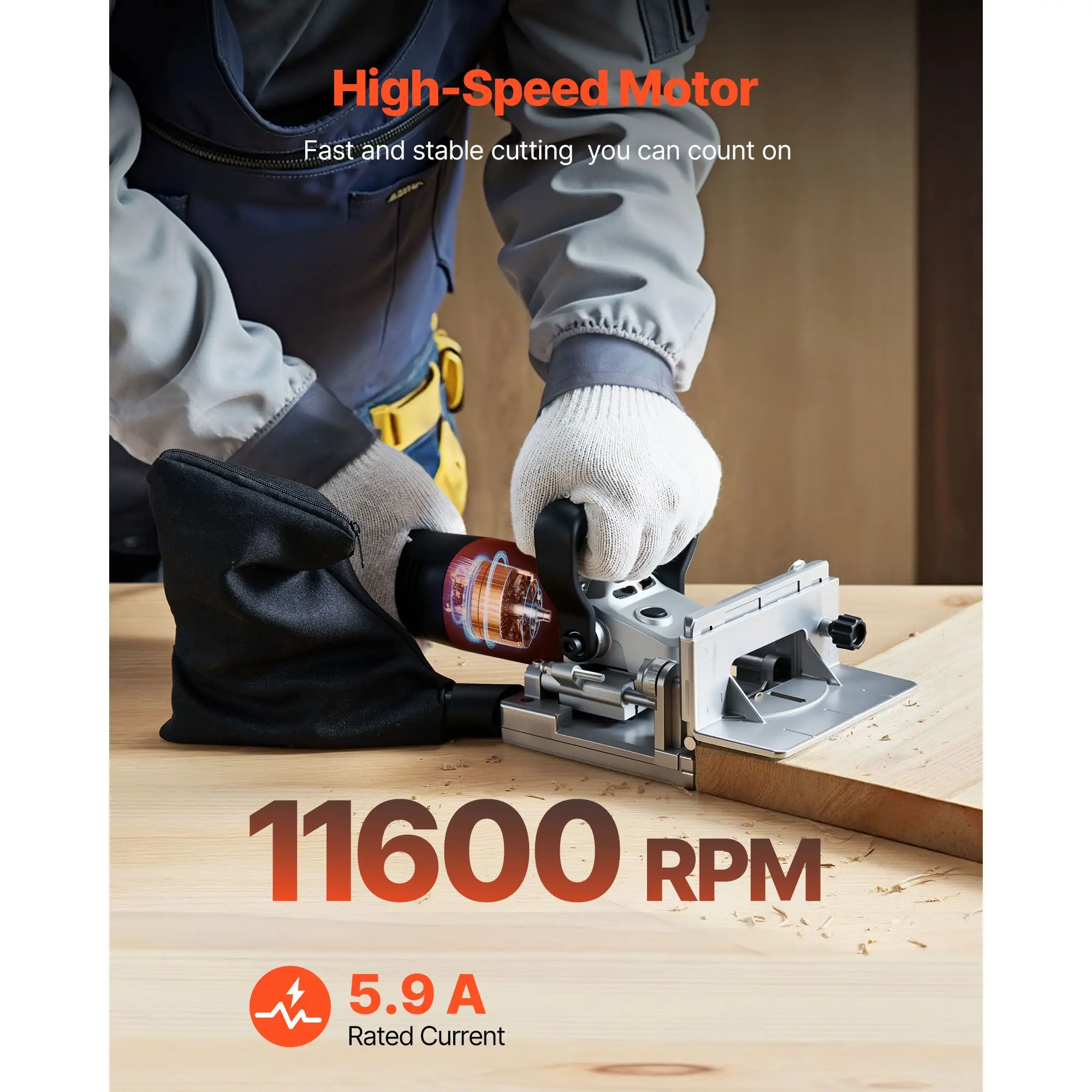 Biscuit Plate Joiner, 5.9A, Plate Joiner Tool Kit with 11,600 RPM 760W Motor, 45-Degree Locating Notch, Carbide Tipped Blade, Wood Biscuits, Dust Bag, Adjustable Angle & Depth, for Woodworking