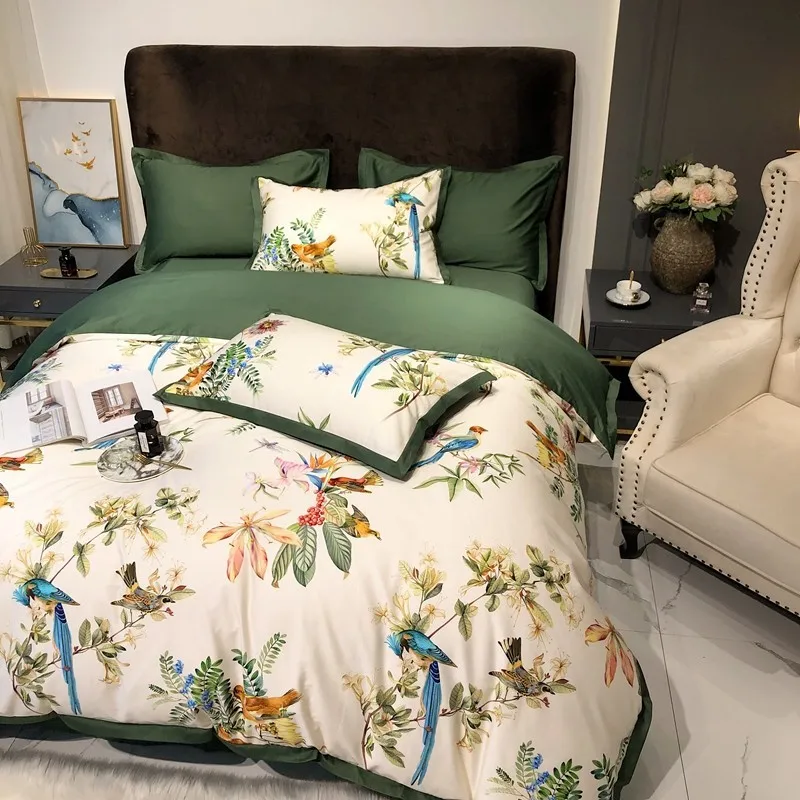 Vintage Botanical Birds Print Bedding 600TC Cotton Sateen Floral Scarf Colorful include 1Duvet Cover 1Bed Sheet 2Pillowcases