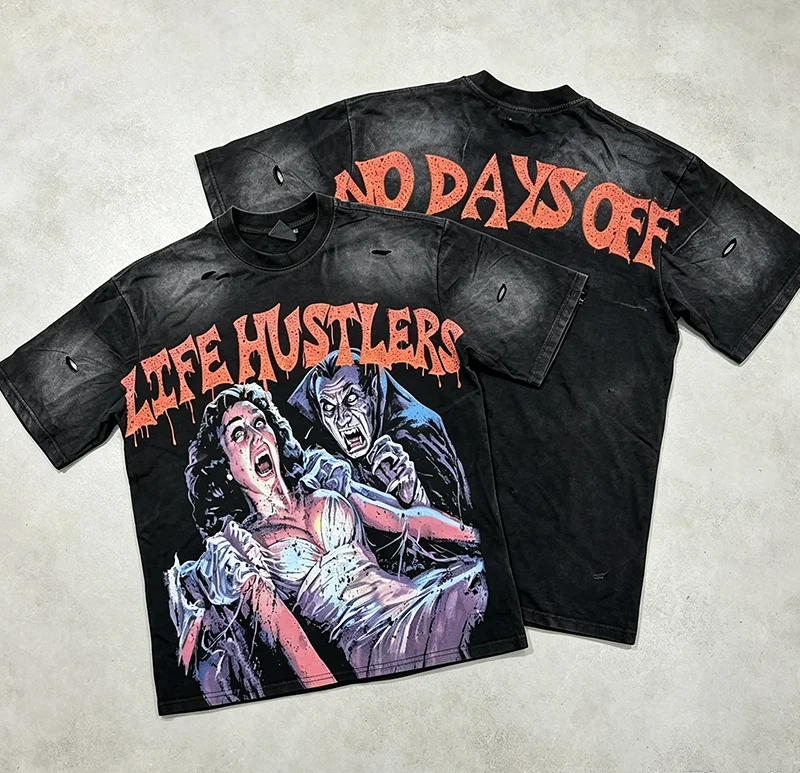 2026 Summer New LIFE HUSTLERS Men Women Oversized T‑Shirt Vampire Horror Character Distressed Hole Loose Tee