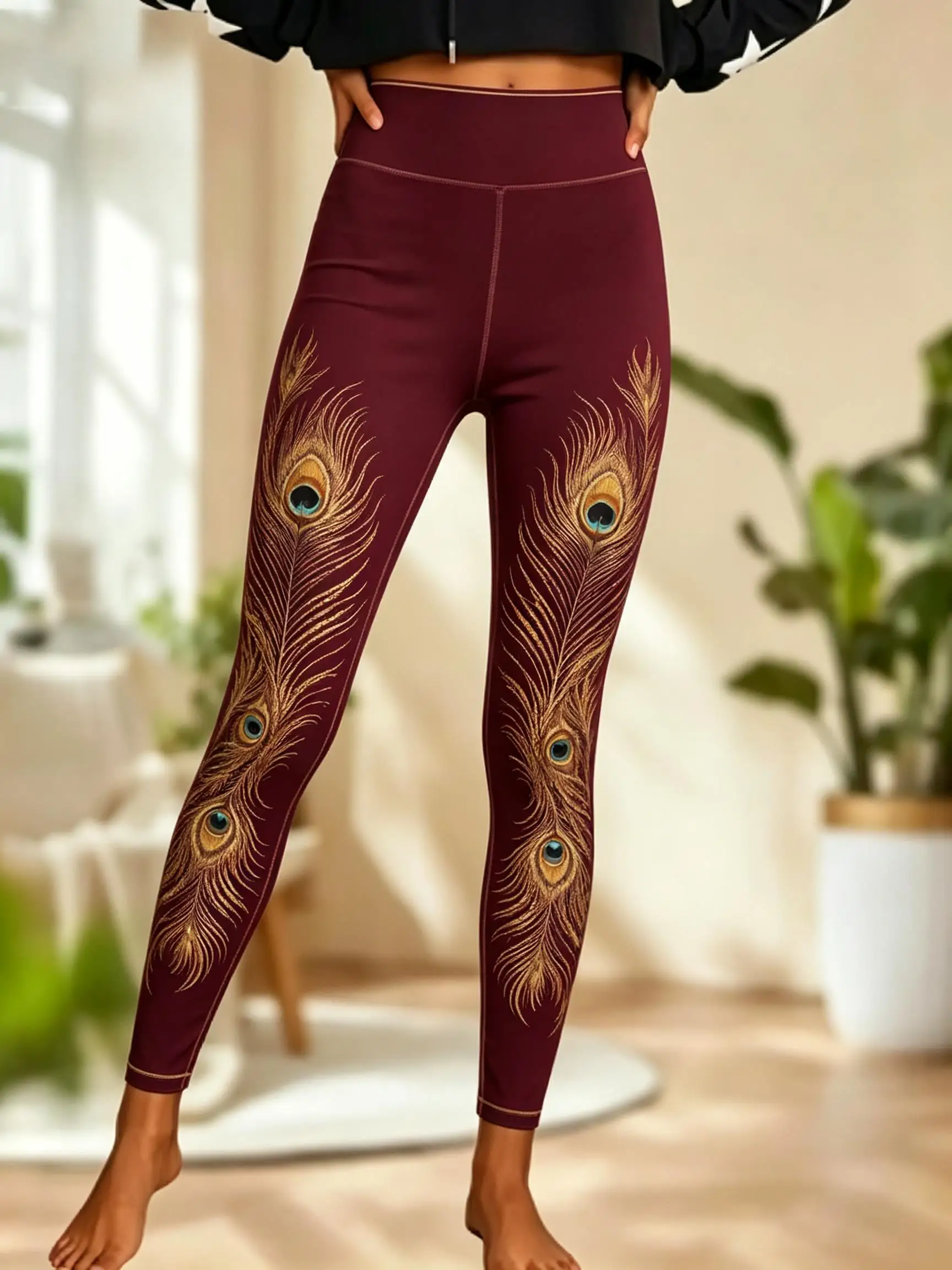 Women Fleece‑lined Mid‑rise Leggings Khaki Golden Peacock Feather Ornate Print Slim Stretch Winter Casual Pants