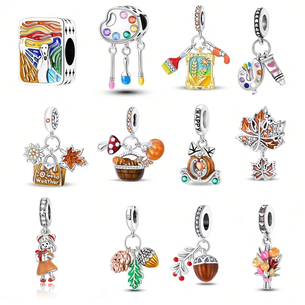 2025 Hot Sale Charms Bead 925 Sterling Silver Autumn Acorns Fallen and  flowers Fit Bangle Bracelet Necklace DIY Jewelry