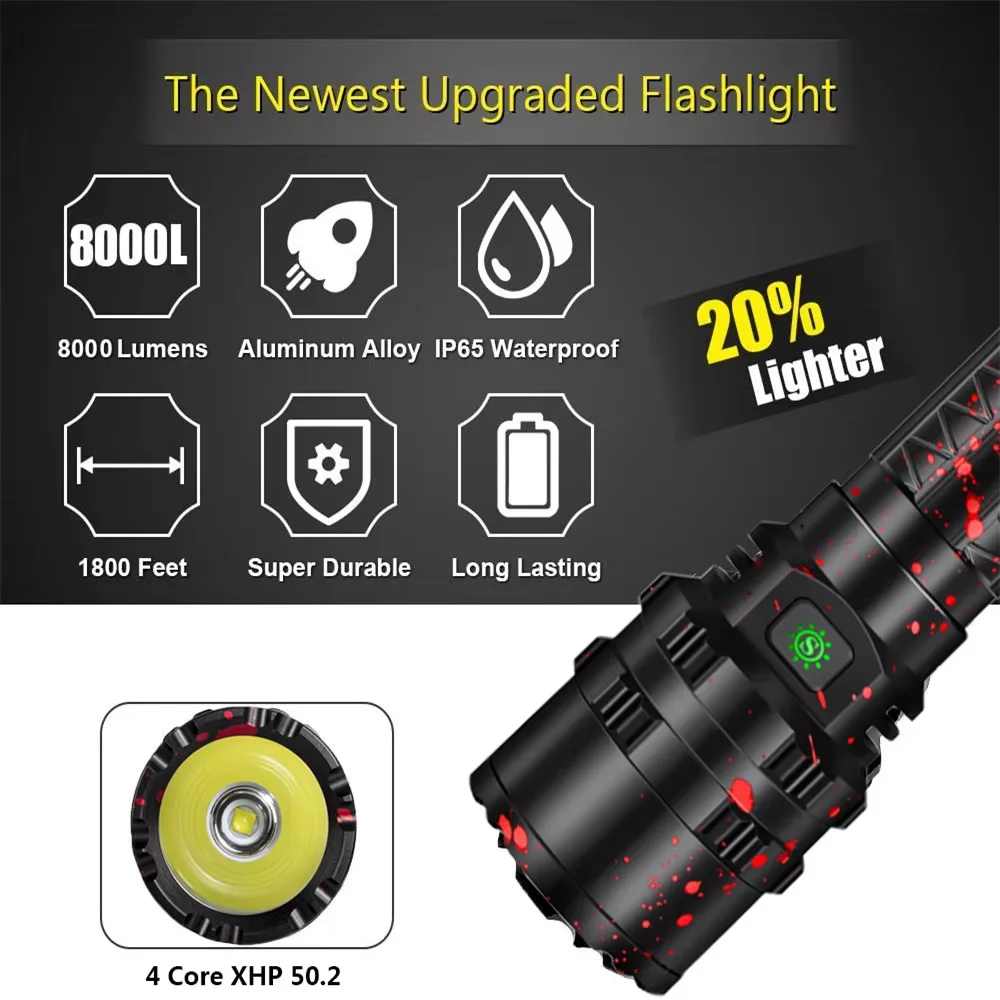 High Power XHP50.2 LED Flashlight Xlamp L2 Waterproof Torch 5 Modes Lanterna USB Rechargeable Tactical Light For Outdoor