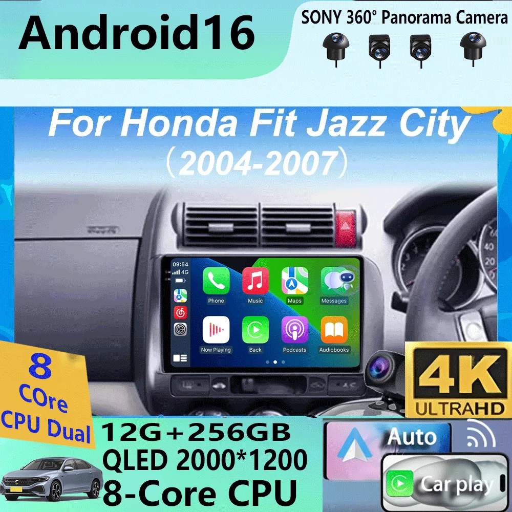 

Автомагнитола Android 16 с Carplay и Auto, 2K экран, мультимедийный проигрыватель для Honda Fit Jazz City 2004-2007, 2DIN головное устройство
