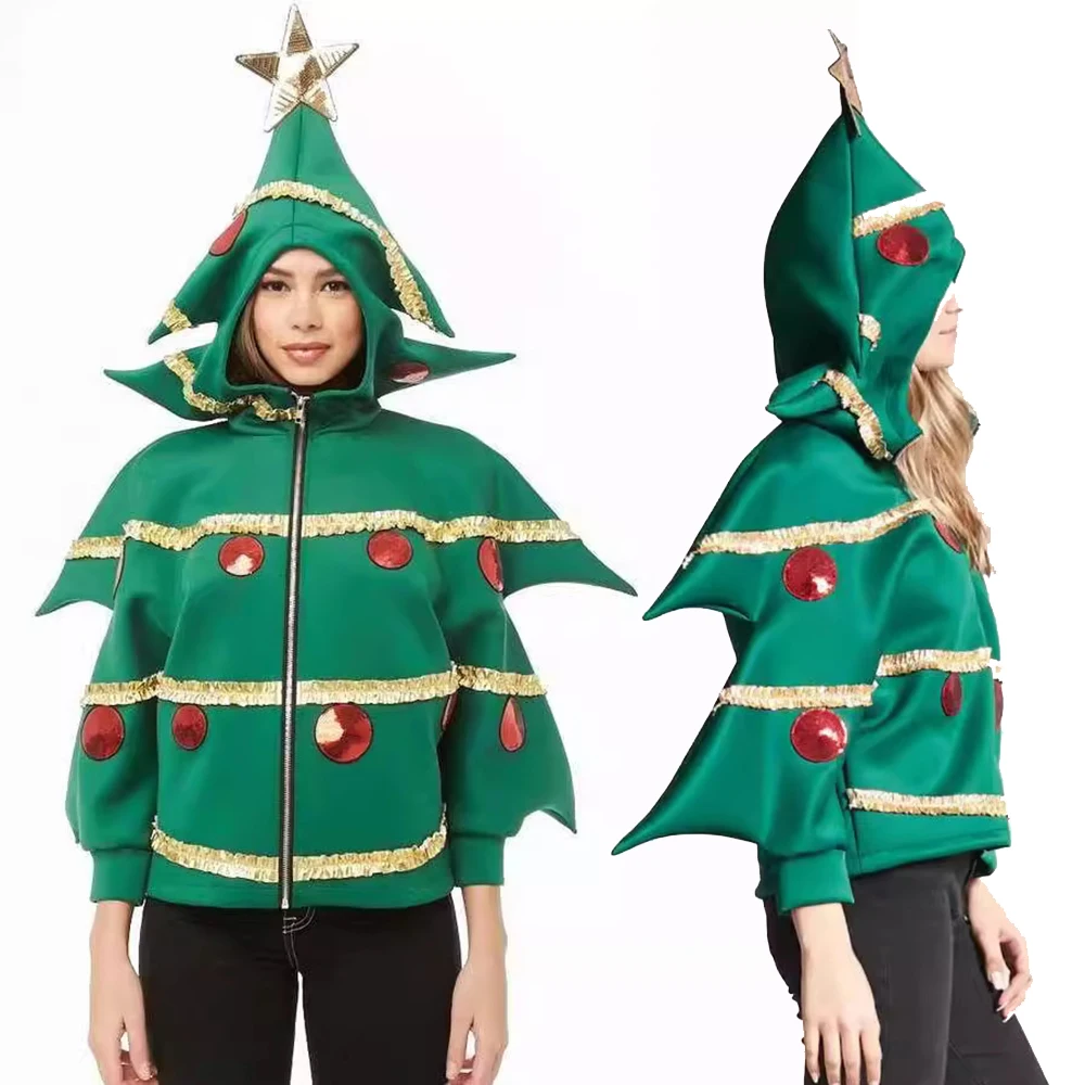 Christmas Hoodie Party Cosplay Costumes Men and Women Dark Green Zipper Hoodies Christmas Tree Stage Play Costume Clothing