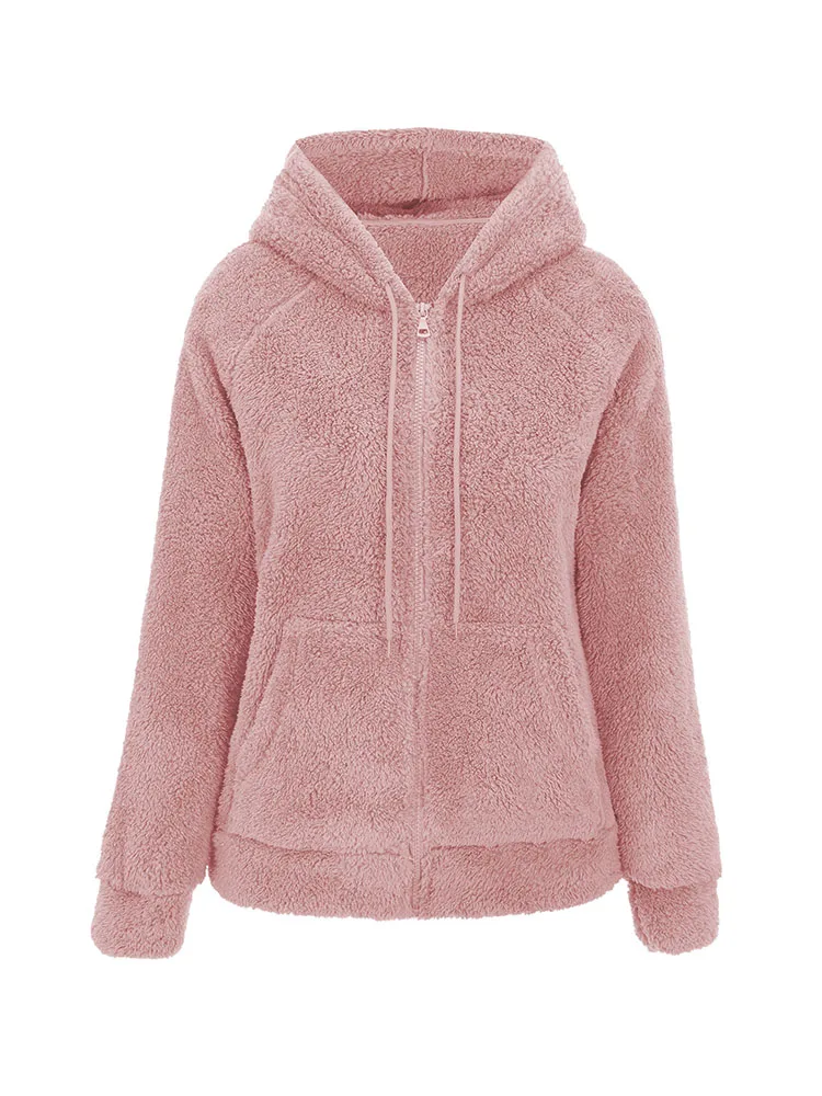 Giolshon Women Fleece Sherpa Jacket Fluffy Short Fuzzy Fleece Zip Up Hooded Coat Spring Autumn Faux Fur Cardigan Outwear Female