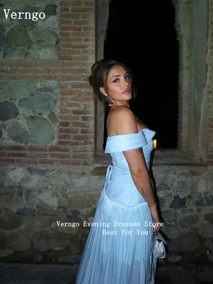 

Verngo Blue Shiny Silk Evening Dress Off The Shoulder Mermaid Formal Occasion Dress Elegant Luxury Arabia Prom Gowns Customized