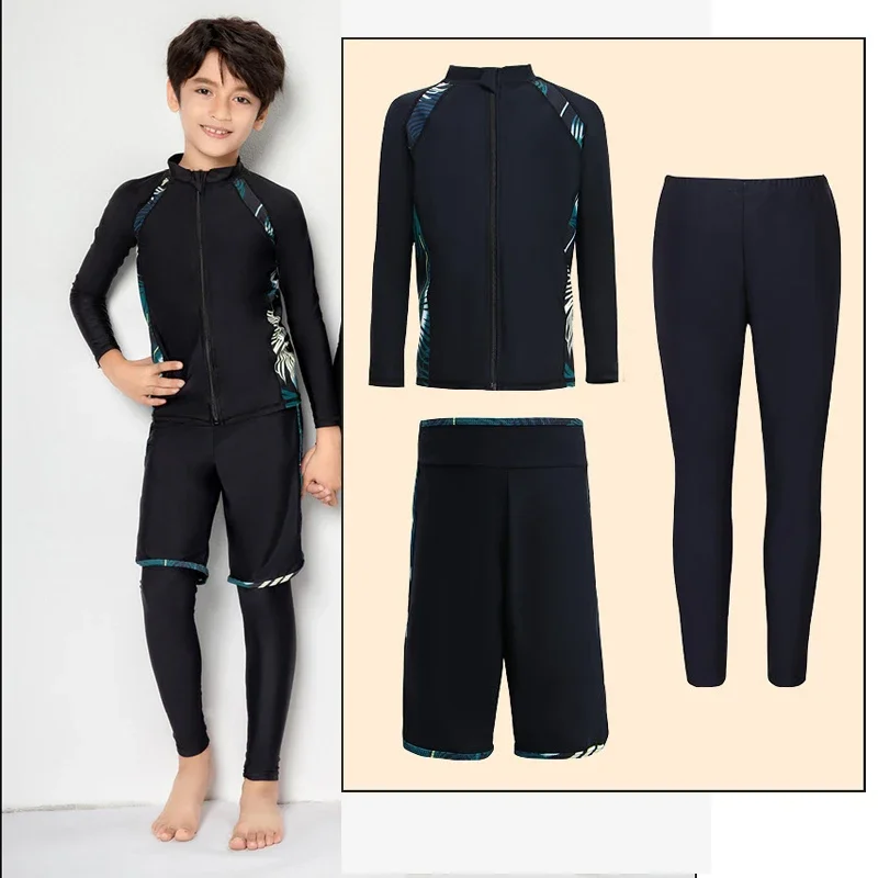 

3pcs/set Boy's Girls Long Sleeve Rash Guard Swim Shirt+Leggings+Trunks Quick Dry Lightweight Swimsuit Youth Bathing Suit Sunsuit