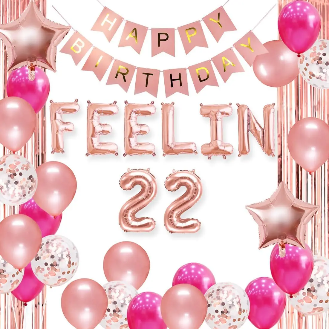 

JOYMEMO Rose Gold 22nd Birthday Party Decorations Feelin 22 Balloons Happy Birthday Banner Fringe Curtains for Party Supplies