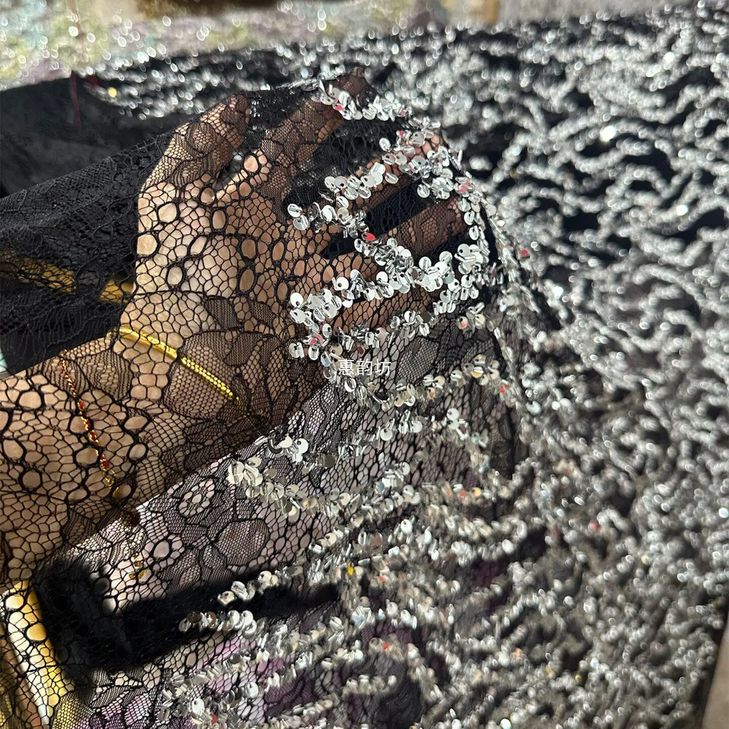 Black Wave Stripe Mesh Fabric with Silver Sequin Luxury Material for Wedding Dress Evening Gown  Designer Apparel Accessories