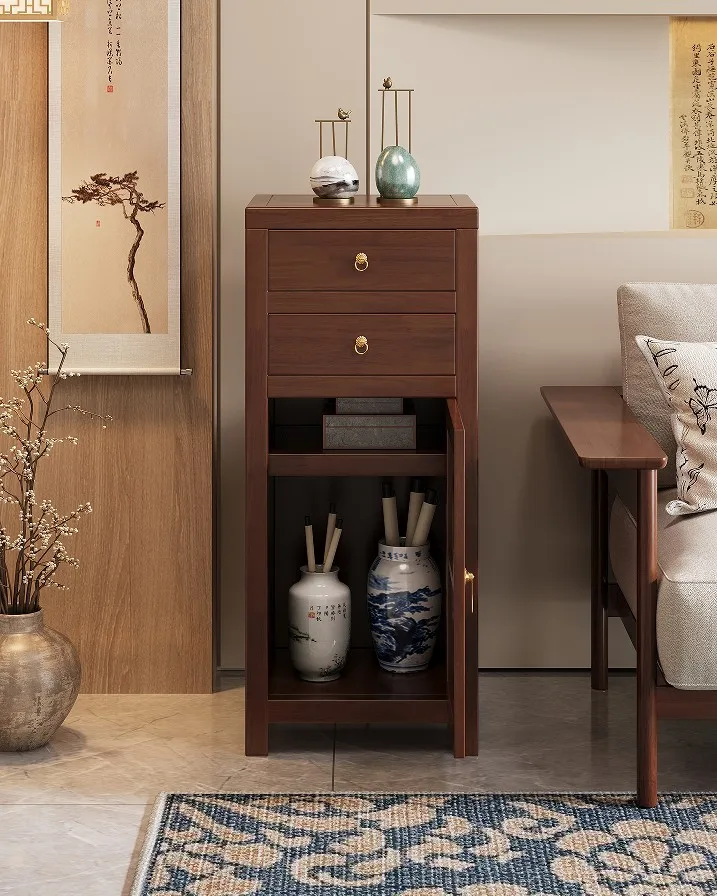 ￥%Modern Solid Wood 2-Drawer & 1-Door Storage Cabinet Living Room & Bedroom Side Cabinet with Brass Handle Eco-Friendly