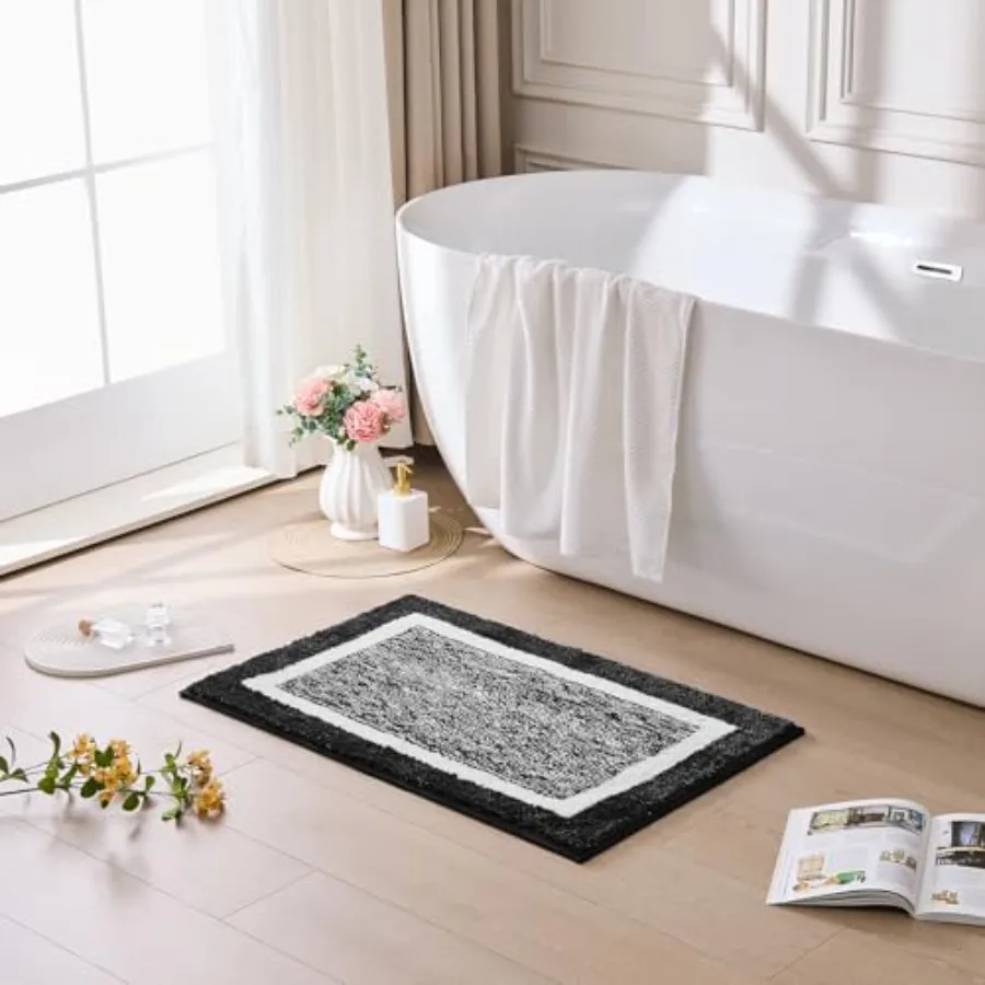 

Bath mats for Bathroom Non Slip, Fluffy Absorbent Microfiber Bath mat Washable, Aesthetic Bathroom Rugs, Long Jet Black Bath ma