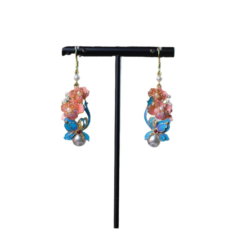 Traditional Chinese Handicraft Butterfly Peony Flower Classical Women's Earnail Vintage Jewelry Gift