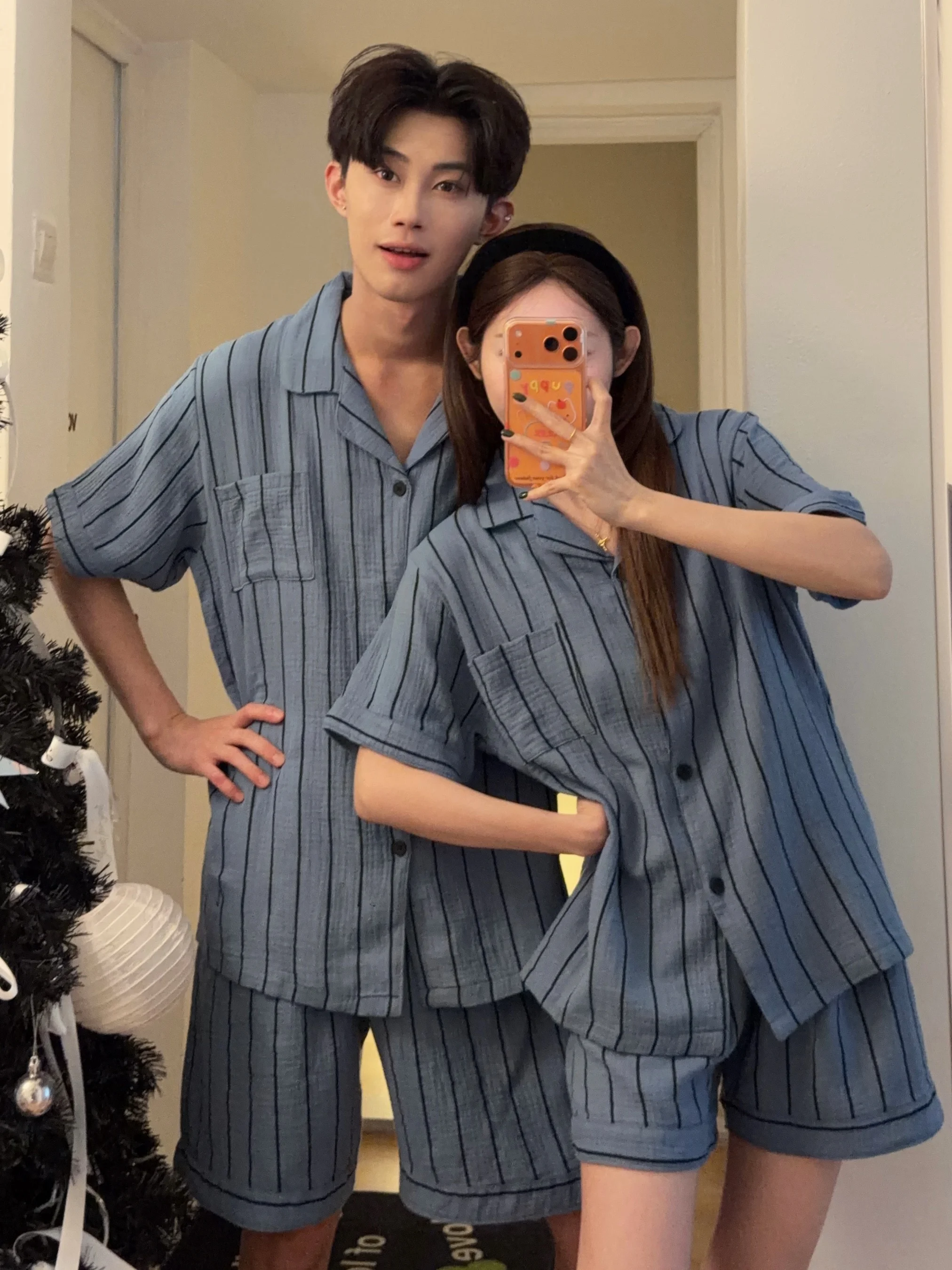 Couples Cotton Pajamas Short Sleeve Breathable Sweat Absorbent Summer Home Clothes Set Men's Loose Fit Comfortable Sleepwear
