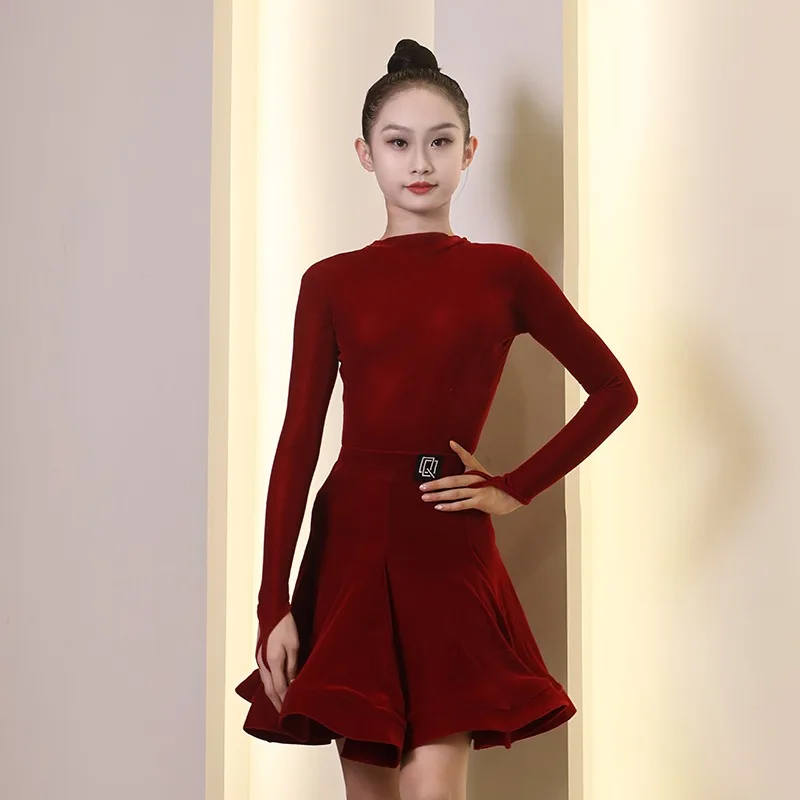 customized 2pcs Long sleeved tops Latin dance dress girls' professional national standards competition uniforms practice skirt