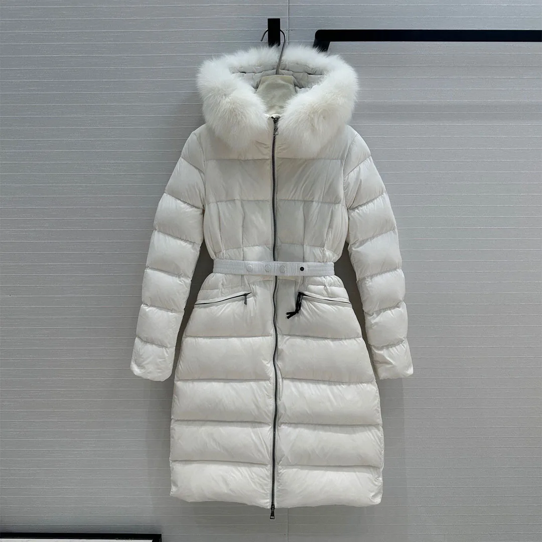 2024 New Fashion Winter 90% White Goose Down Long Coat Women Fox Fur Collar Hooded Slim Belt Stripes Casual Warm Brand Overcoat