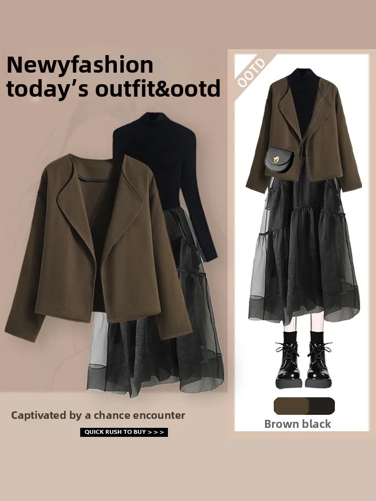 Manteau en laine Premium ort Hepburn Sle Dr automne, nouveau Design Patchwork, ensemble deux pièces, jupe longue trapèze