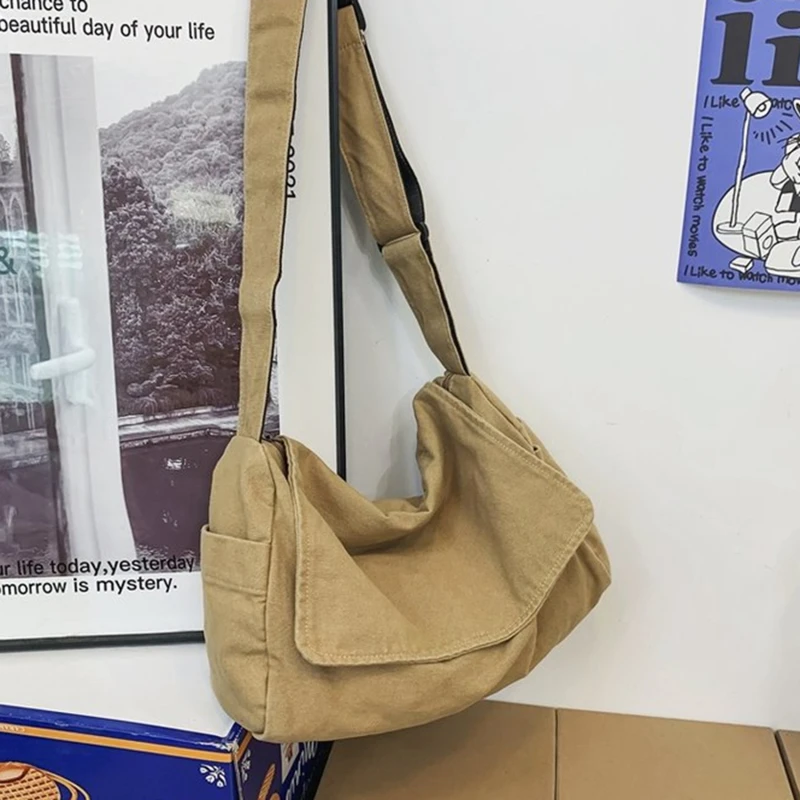 Female Canvas Fabric Soft Slouchy Shoulder Bag Y2K Student Leisure Medium Size School Book Laptop Pouch Messenger Side Bag