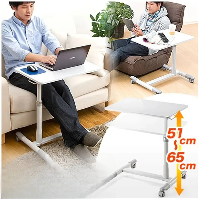 Japanese Style Computer Desk with Brake Wheels, Adjustable Bedside Table, Keyboard and Mouse Holder