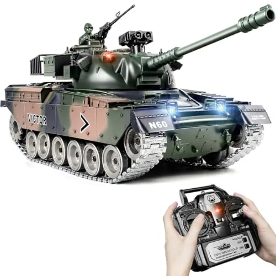 

RC Tank for outdoor play, alloy metal body, olive green, realistic smoke/sound/lights and BB shooting