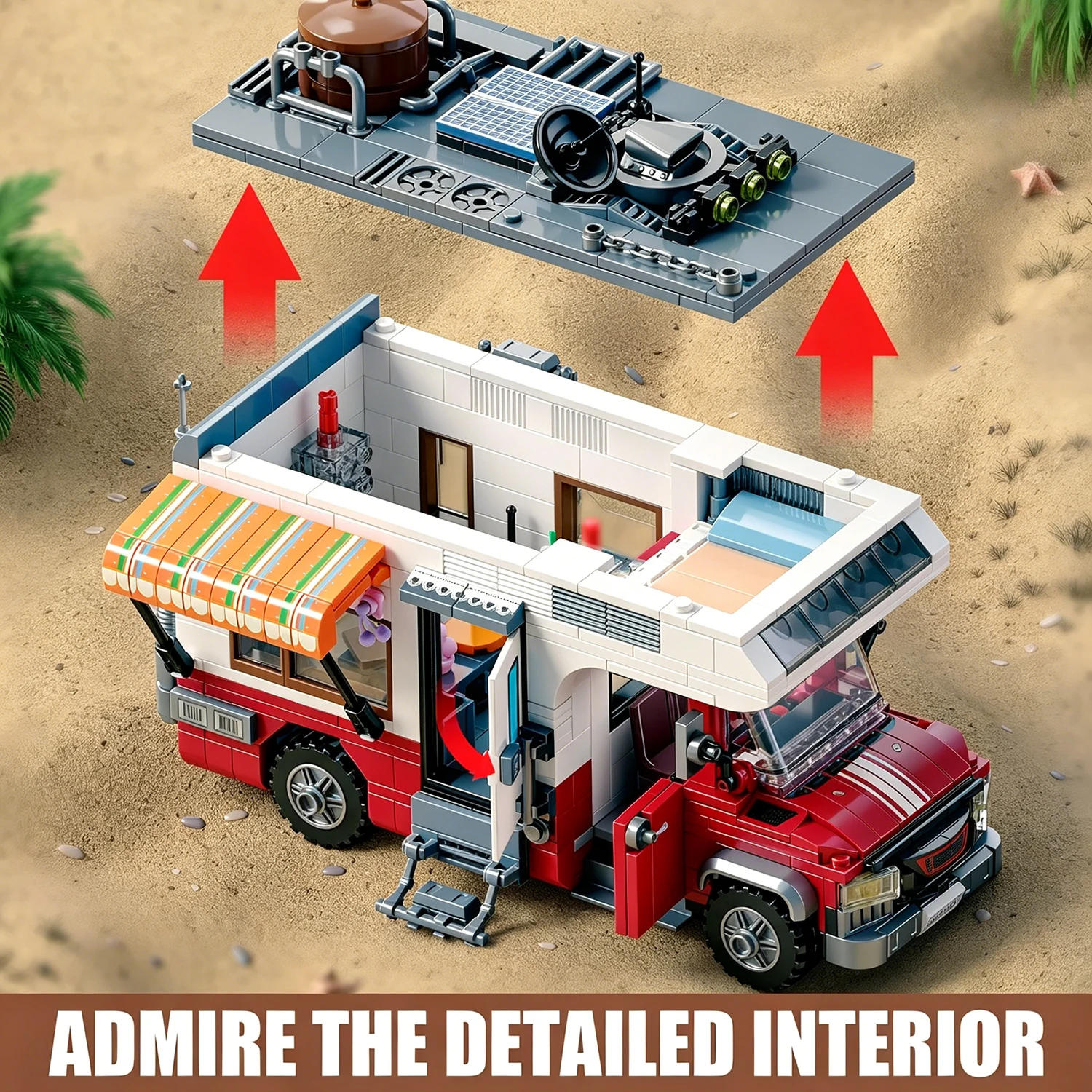 Vacation Camper Van Building Blocks Set Camping RV Model with LED Lights Outdoor Barbecue Accessories for Children's Toys Gift