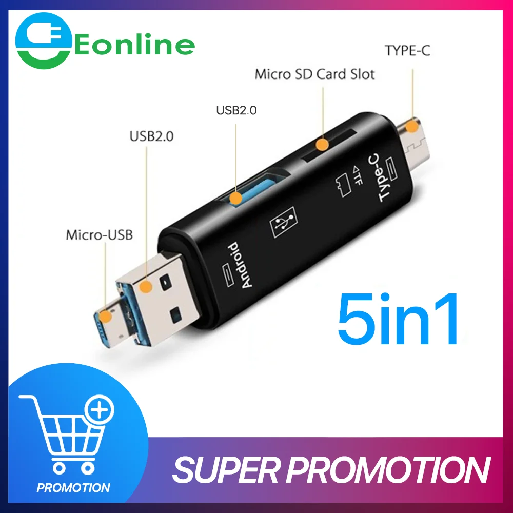 EONLINE 3D UV 5 in 1 Multifunction Usb 3.0 Type C/Usb /Micro Usb/Tf/SD Memory Card Reader OTG Card Reader Adapter Mobile Phone