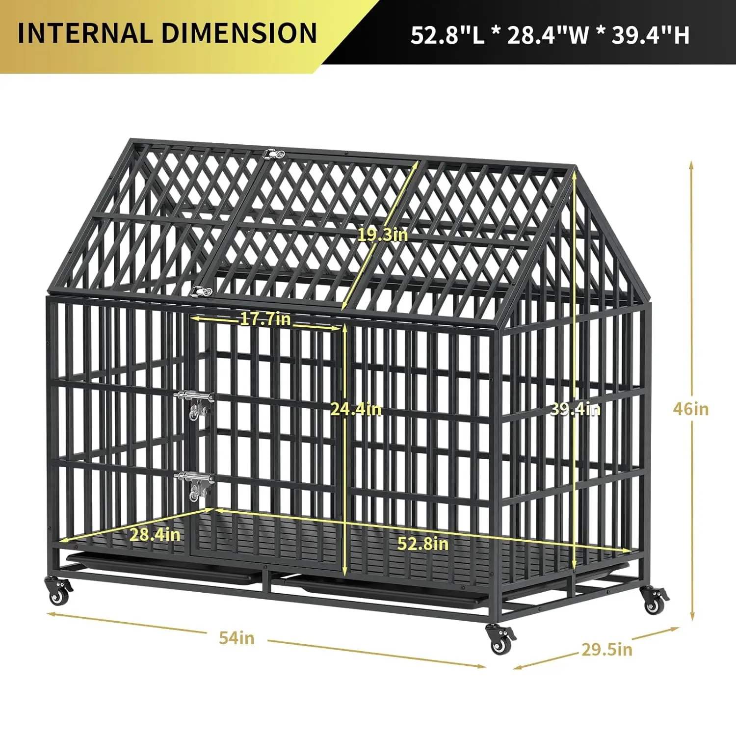 

54 Inch Heavy Duty Dog Crate Extra Large Dog Cage Kennel, Indestructible XXL Dog Crate with Open Roof Top & Trays, Customized