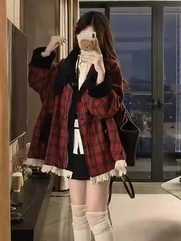 Autumn Winter Plus Size Girl on Both Sides Wear Loose Sweet Ruffles Coat Fashion Round Neck Long Sleeve Versatile A-line Jacket