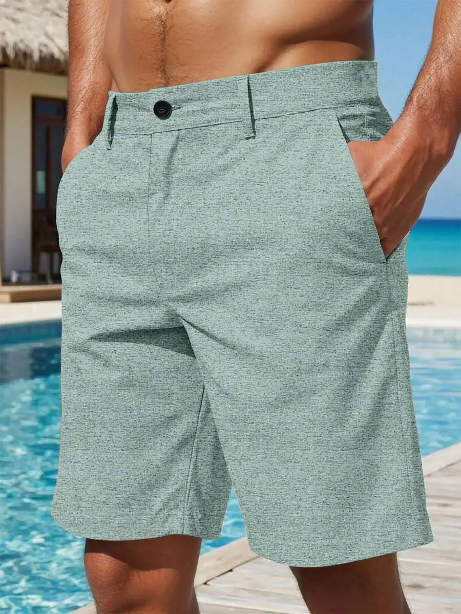 

Men’s Sage Green Lightweight Linen-Blend Shorts With Slanted Pockets, Button-Fastened Waistband, Relaxed Fit To Knee For Summer