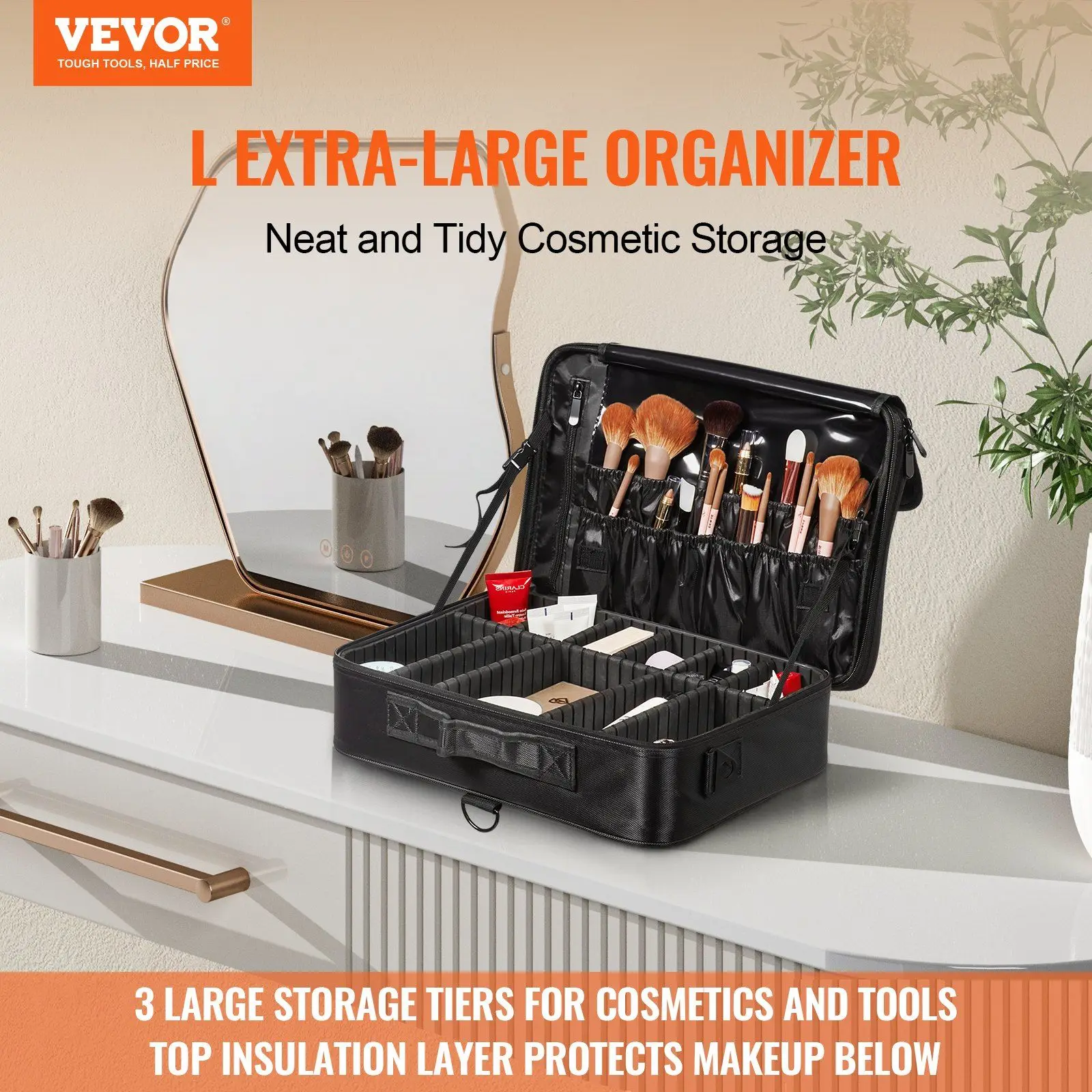 Makeup Train Case Large Storage 3 Tiers, Heavy Duty Make Up Carrier, Black Convenient Carry With Handle, Strap,