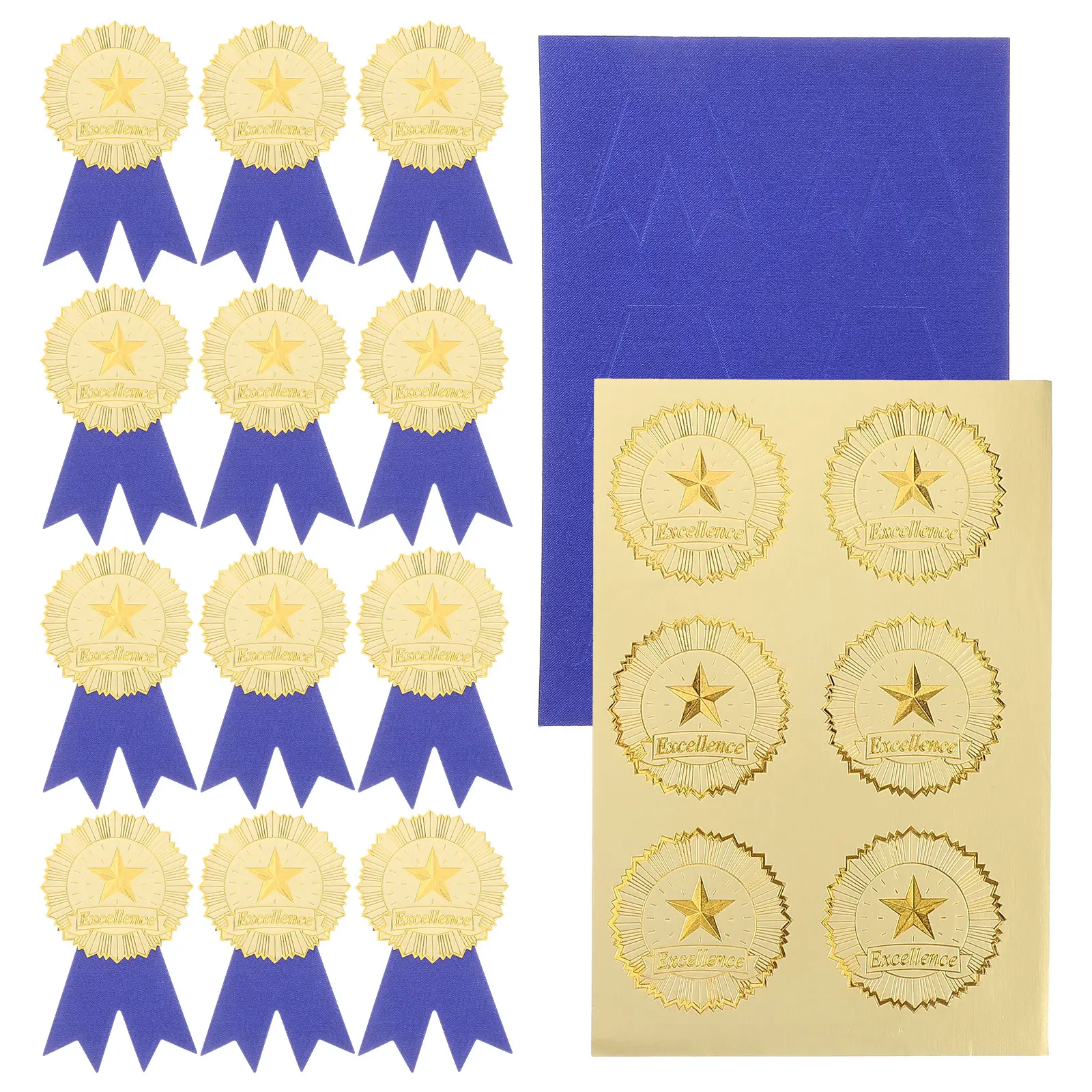 

36 Sets Graduation Certificate Accessories Gold Star Stickers Blue Ribbon Badge Diploma Supplies Versatile Safe Elegant