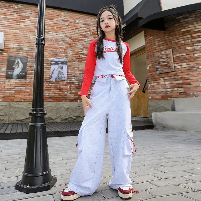 Girl Kpop Hip Hop Clothing Red Gray Crop Top Long Sleeve Sweatshirt Casual Wide Sweat Pants for Kids Jazz Dance Costumes Clothes