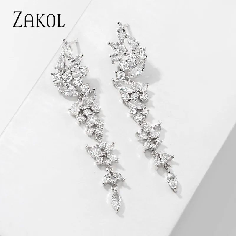 ZAKOL Exquisite White Gold Color Leaf Long Dangle Earrings for Women Fashion Cubic Zironia Bridal Earring Wedding Jewelry