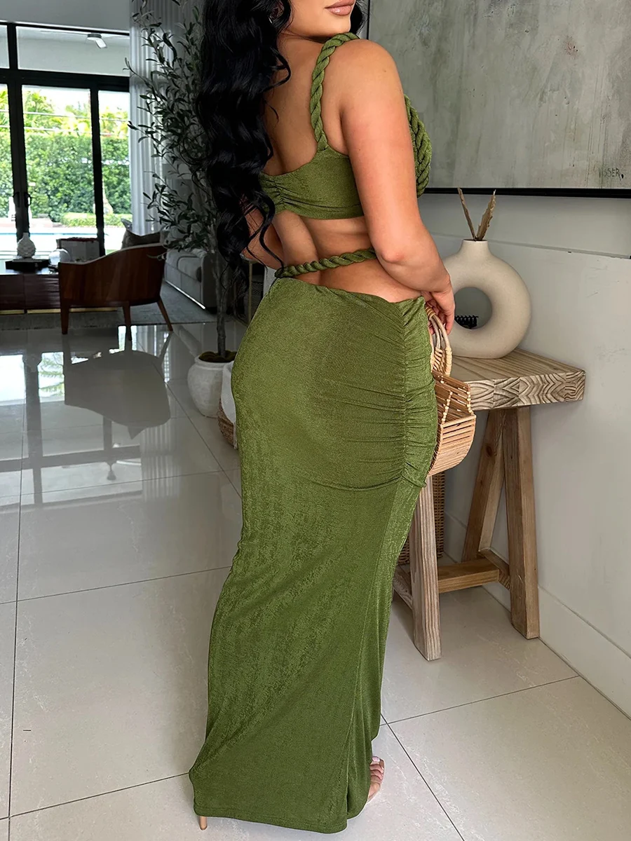 ZIML Solid Two Piece Sets for Women Square Collar Sleeveess Short Tops High Waist Slimming Skirts Elegant Chic Set Female Style