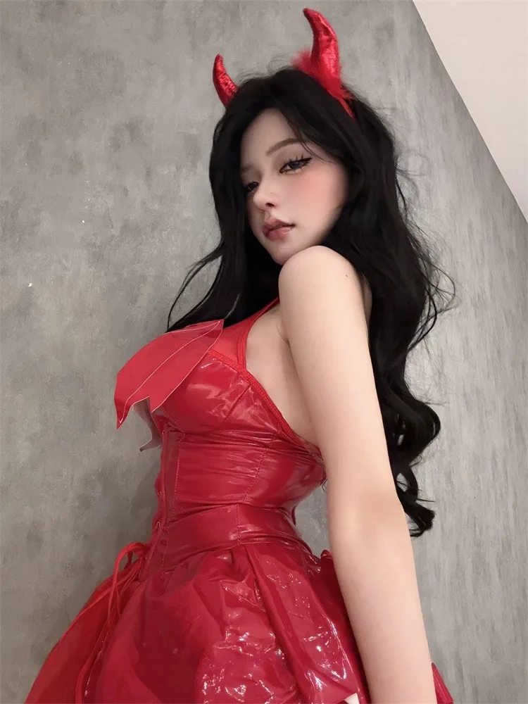 

Sexy Glossy Leather Skirt Devili Costume Pure Desire Sle Women's loween Outfit A-Line Dr Girl's Faion
